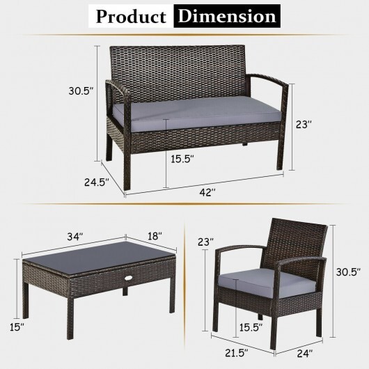 4 Pieces Patio Rattan Cushioned Furniture Set with Loveseat and Table -Brown - Color: Brown - Image 5