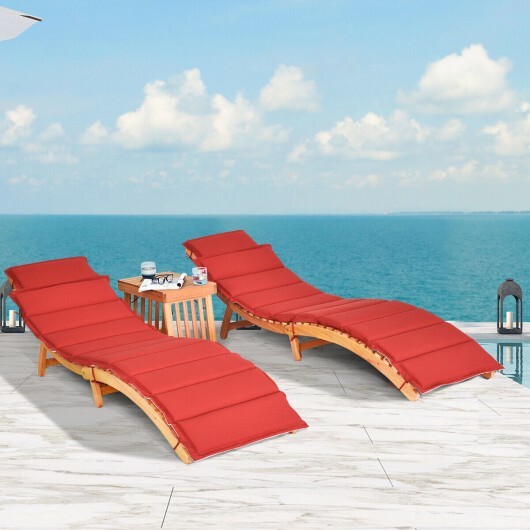 3 Pieces Folding Patio Eucalyptus Wood Lounge Chair Set with Foldable Side Table - Color: Red - Image 2