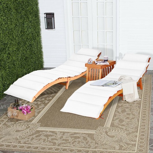 3 Pieces Folding Patio Eucalyptus Wood Lounge Chair Set with Foldable Side Table - Color: Red - Image 3