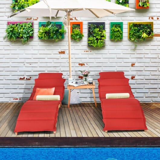 3 Pieces Folding Patio Eucalyptus Wood Lounge Chair Set with Foldable Side Table - Color: Red - Image 4