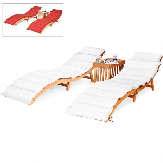 3 Pieces Folding Patio Eucalyptus Wood Lounge Chair Set with Foldable Side Table - Color: Red - Image 5