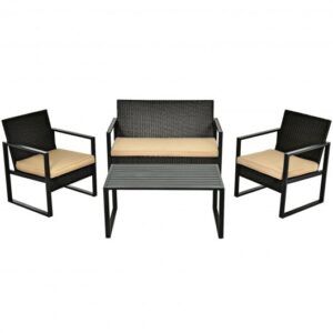 4 Pieces Patio Rattan Furniture Set with Seat Cushions and Coffee Table - Color: Brown