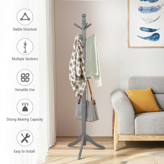 Entryway Height Adjustable Coat Stand with 9 Hooks-Gray - Color: Gray - Image 3