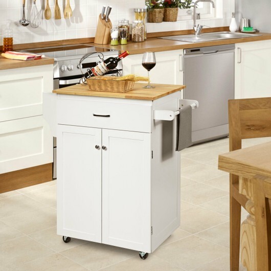 Utility Rolling Storage Cabinet Kitchen Island Cart with Spice Rack-White - Color: White - Image 2