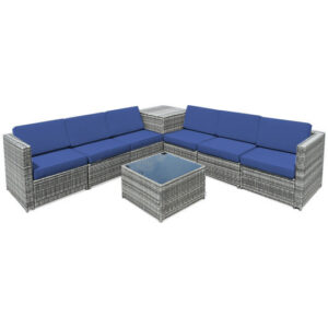 8 Piece Wicker Sofa Rattan Dinning Set Patio Furniture with Storage Table-Navy - Color: Navy