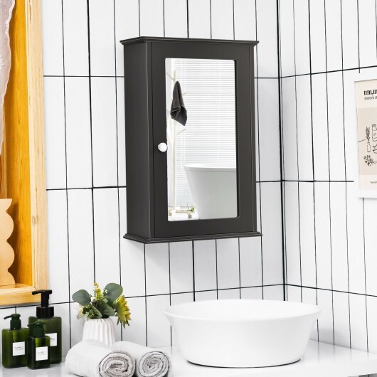 Bathroom Wall Cabinet with Single Mirror Door-Brown - Color: Brown - Image 2