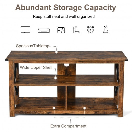 3 Tier Wood TV Stand for 55-Inch with Open Shelves and X-Shaped Frame-Brown - Color: Brown - Image 5