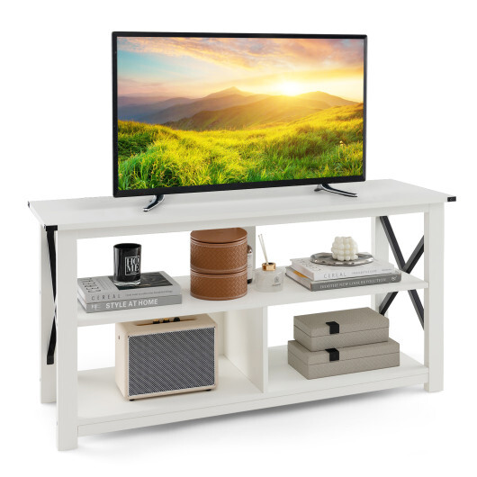 3 Tier Wood TV Stand for 55-Inch with Open Shelves and X-Shaped Frame-White - Color: White - Image 2