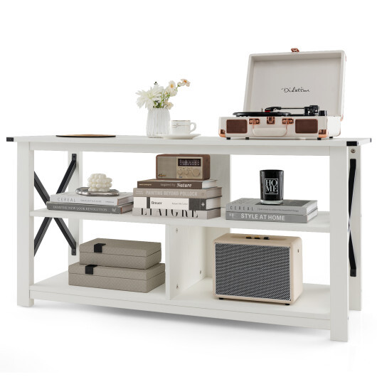 3 Tier Wood TV Stand for 55-Inch with Open Shelves and X-Shaped Frame-White - Color: White - Image 3