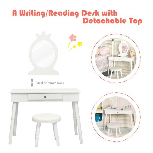 Kids Vanity Makeup Table & Chair Set Make Up Stool-White - Color: White - Image 6