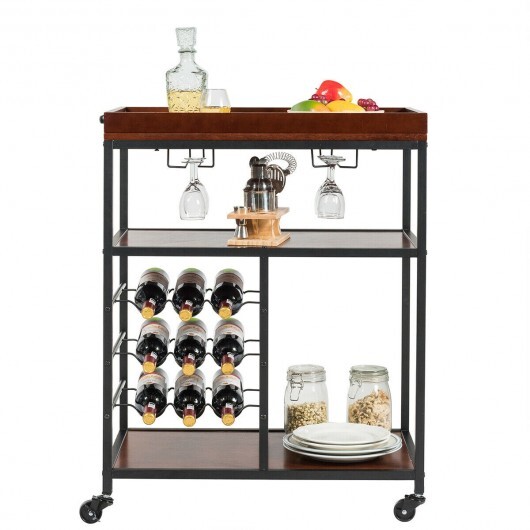 3 Tiers Storage Bar Serving Cart with Wine Rack - Color: Brown - Image 5