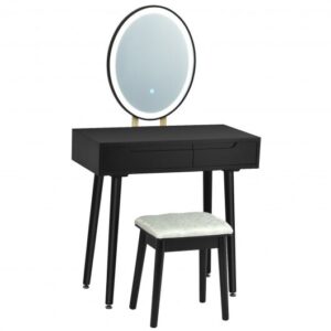 Touch Screen Vanity Makeup Table Stool Set with Lighted Mirror-Black - Color: Black