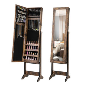 Mirrored Standing Jewelry Cabinet Storage Box-Brown - Color: Brown