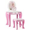 Kids Wooden Makeup Dressing Table and Chair Set with Mirror and Drawer-Pink - Color: Pink