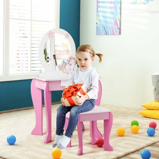 Kids Wooden Makeup Dressing Table and Chair Set with Mirror and Drawer-Pink - Color: Pink - Image 2