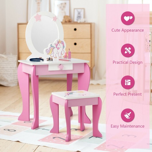 Kids Wooden Makeup Dressing Table and Chair Set with Mirror and Drawer-Pink - Color: Pink - Image 3