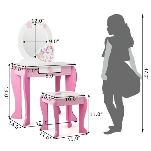 Kids Wooden Makeup Dressing Table and Chair Set with Mirror and Drawer-Pink - Color: Pink - Image 4