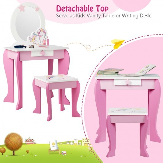 Kids Wooden Makeup Dressing Table and Chair Set with Mirror and Drawer-Pink - Color: Pink - Image 5
