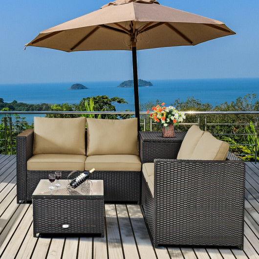 4 Pieces Outdoor Patio Rattan Furniture Set with Cushioned Loveseat and Storage Box-Brown - Color: Brown - Image 2