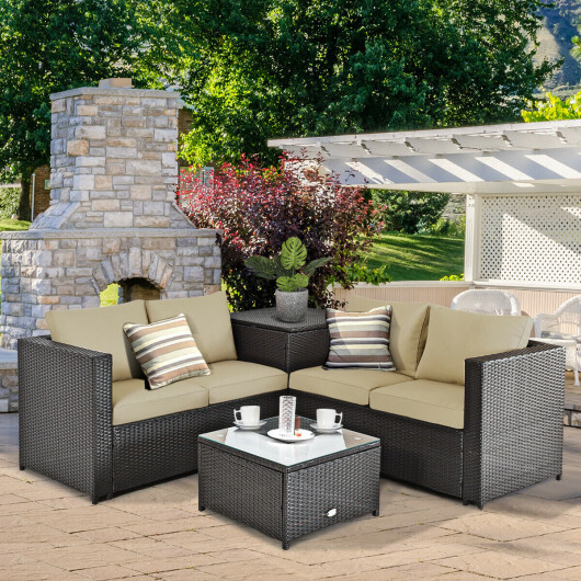 4 Pieces Outdoor Patio Rattan Furniture Set with Cushioned Loveseat and Storage Box-Brown - Color: Brown - Image 3