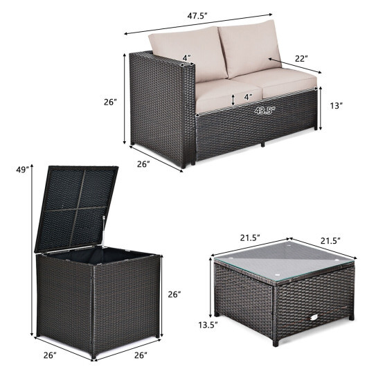4 Pieces Outdoor Patio Rattan Furniture Set with Cushioned Loveseat and Storage Box-Brown - Color: Brown - Image 5