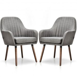 Set of 2 Fabric Upholstered Accent Chairs with Wooden Legs-Gray - Color: Gray