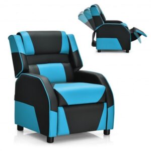 Kids Youth PU Leather Gaming Sofa Recliner with Headrest and Footrest-Blue - Color: Blue