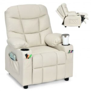 Kids Recliner Chair with Cup Holder and Footrest for Children-Beige - Color: Beige