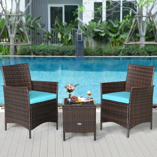 3 Pieces Patio Rattan Furniture Set Cushioned Sofa and Glass Tabletop Deck-Blue - Color: Blue - Image 2