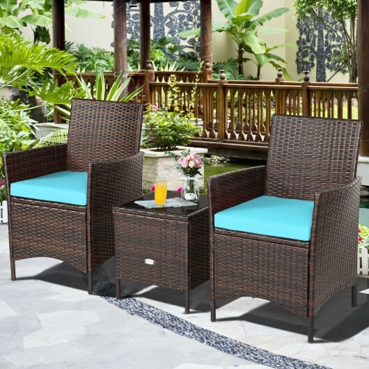 3 Pieces Patio Rattan Furniture Set Cushioned Sofa and Glass Tabletop Deck-Blue - Color: Blue - Image 3