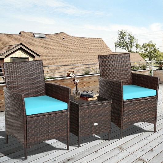3 Pieces Patio Rattan Furniture Set Cushioned Sofa and Glass Tabletop Deck-Blue - Color: Blue - Image 4