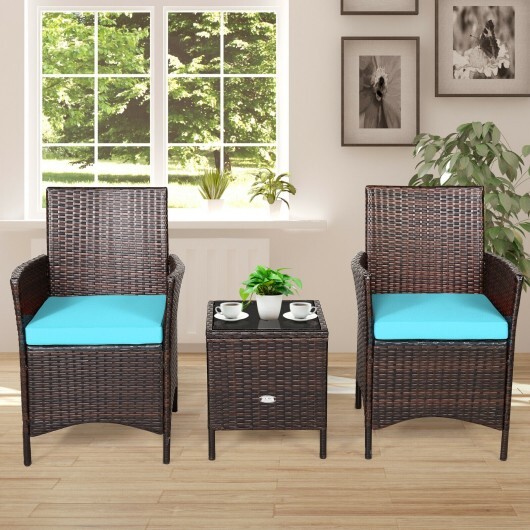 3 Pieces Patio Rattan Furniture Set Cushioned Sofa and Glass Tabletop Deck-Blue - Color: Blue - Image 5