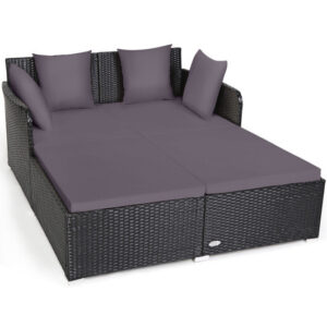 Spacious Outdoor Rattan Daybed with Upholstered Cushions and Pillows-Gray - Color: Gray