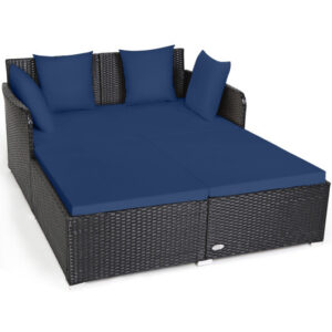 Spacious Outdoor Rattan Daybed with Upholstered Cushions and Pillows-Navy - Color: Navy