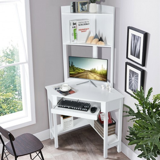 Corner Computer Desk with Hutch and Storage Shelves-White - Color: White - Image 2