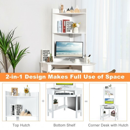 Corner Computer Desk with Hutch and Storage Shelves-White - Color: White - Image 3