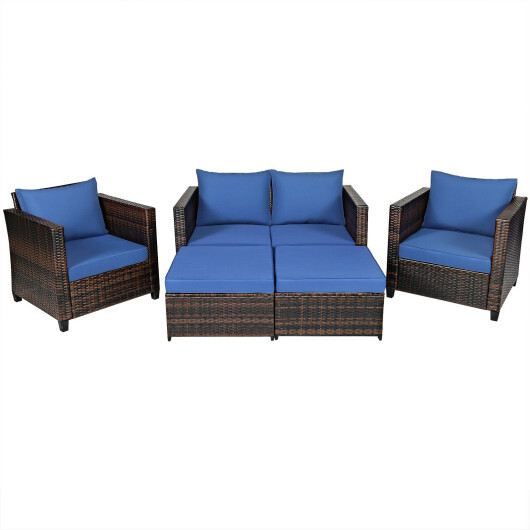 5 Pieces Patio Cushioned Rattan Furniture Set-Navy - Color: Navy
