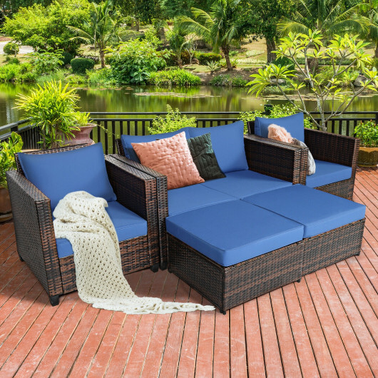 5 Pieces Patio Cushioned Rattan Furniture Set-Navy - Color: Navy - Image 2