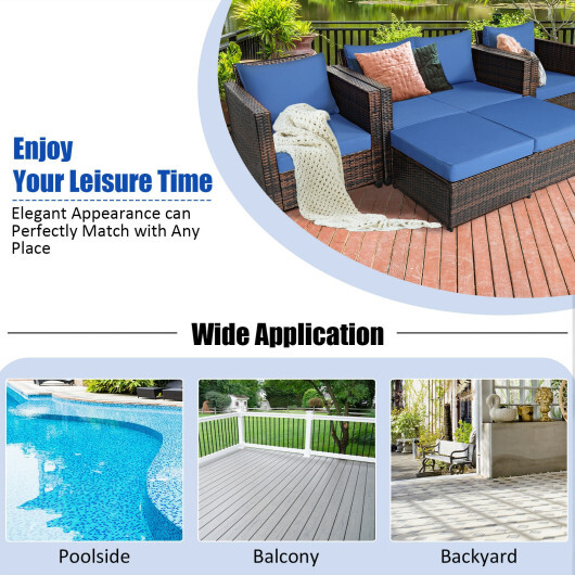 5 Pieces Patio Cushioned Rattan Furniture Set-Navy - Color: Navy - Image 3