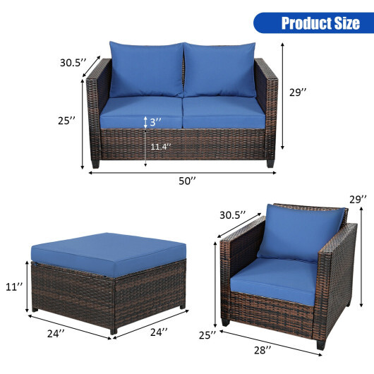 5 Pieces Patio Cushioned Rattan Furniture Set-Navy - Color: Navy - Image 4