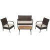 4 Pieces Patio Cushioned Wicker Conversation Set with Acacia Wood Tabletop - Color: Brown