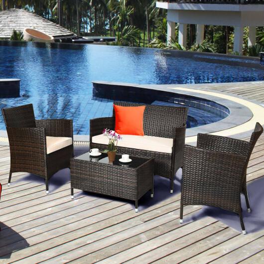 4 Pieces Comfortable Outdoor Rattan Sofa Set with Glass Coffee Table-Beige & Gray - Color: Beige & Gray - Image 2