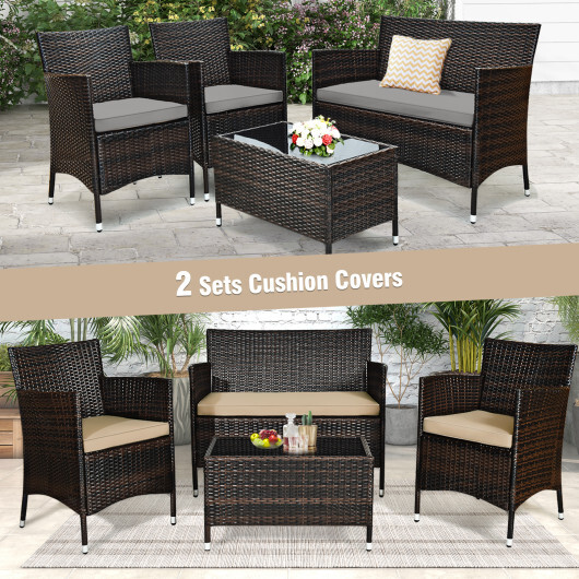 4 Pieces Comfortable Outdoor Rattan Sofa Set with Glass Coffee Table-Beige & Gray - Color: Beige & Gray - Image 5
