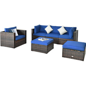 6 Pcs Patio Rattan Furniture Set with Sectional Cushion-Blue - Color: Blue