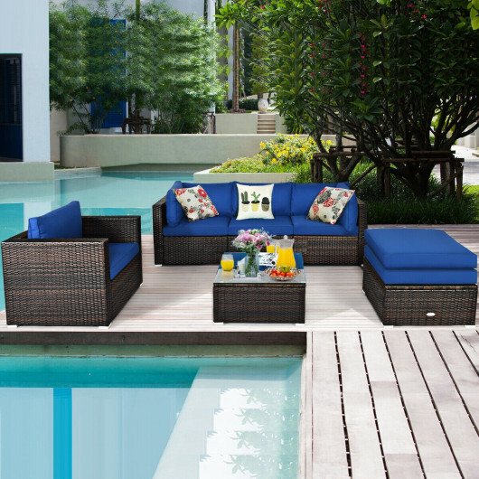 6 Pcs Patio Rattan Furniture Set with Sectional Cushion-Blue - Color: Blue - Image 2