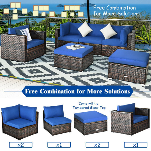 6 Pcs Patio Rattan Furniture Set with Sectional Cushion-Blue - Color: Blue - Image 3