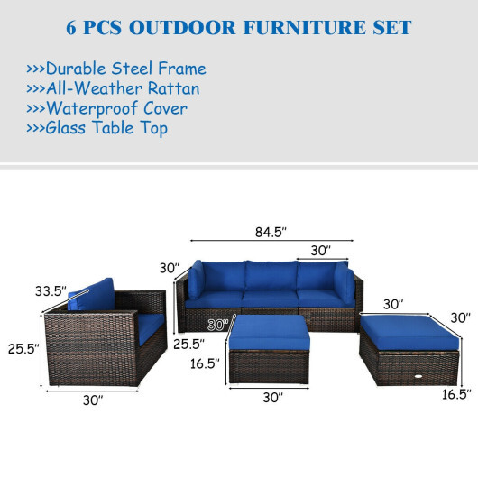 6 Pcs Patio Rattan Furniture Set with Sectional Cushion-Blue - Color: Blue - Image 4