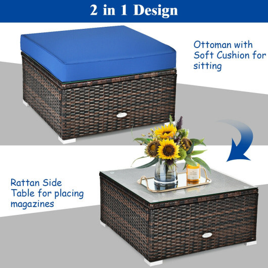 6 Pcs Patio Rattan Furniture Set with Sectional Cushion-Blue - Color: Blue - Image 5