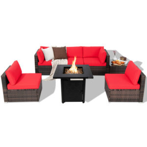 7 Pieces Patio Furniture Set with 28 Inches 50000 BTU Propane Gas Fire Pit Table-Red - Color: Red