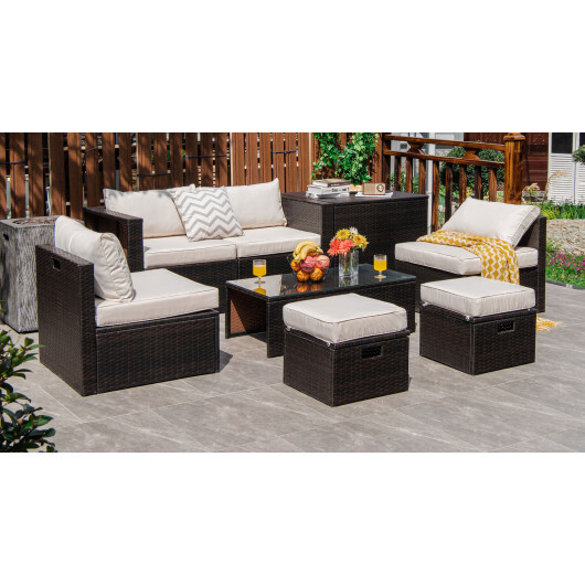 8 Pieces Patio Space-Saving Rattan Furniture Set with Storage Box and Waterproof Cover-White - Color: White - Image 2